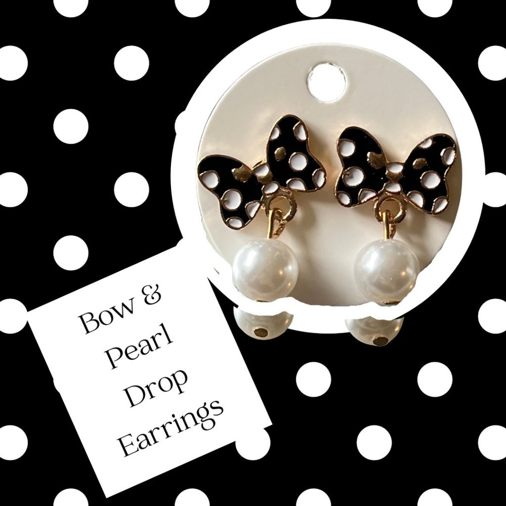 4/$20 Fun Black & White Polka Dot Bow and  Drop Pearl Earrings  ~ NEW
